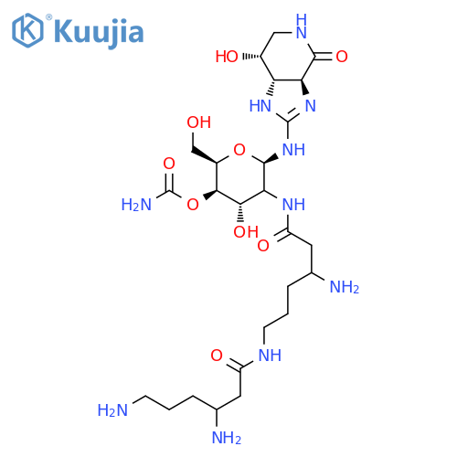 (2xi)-2-({3-amino-6-[(3,6-diaminohexanoyl)amino]hexanoyl}amino)-4-O-carbamoyl-2-deoxy-N-[(3aS,7R,7aS)-7-hydroxy-4-oxo-3a,4,5,6,7,7a-hexahydro-1H-imidazo[4,5-c]pyridin-2-yl]-beta-D-xylo-hexopyranosylamine structure