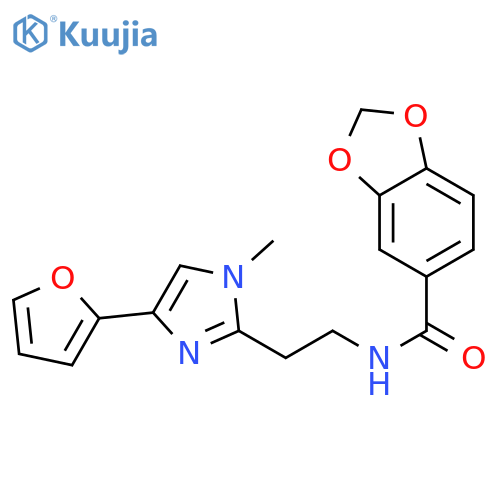 N-{2-[4-(furan-2-yl)-1-methyl-1H-imidazol-2-yl]ethyl}-2H-1,3-benzodioxole-5-carboxamide structure