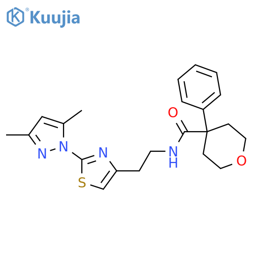 N-{2-[2-(3,5-dimethyl-1H-pyrazol-1-yl)-1,3-thiazol-4-yl]ethyl}-4-phenyloxane-4-carboxamide structure