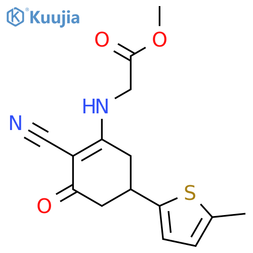 Methyl N-2-cyano-5-(5-methyl-2-thienyl)-3-oxocyclohex-1-en-1-ylglycinate structure
