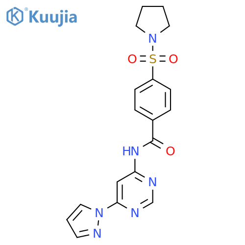 N-6-(1H-pyrazol-1-yl)pyrimidin-4-yl-4-(pyrrolidine-1-sulfonyl)benzamide structure