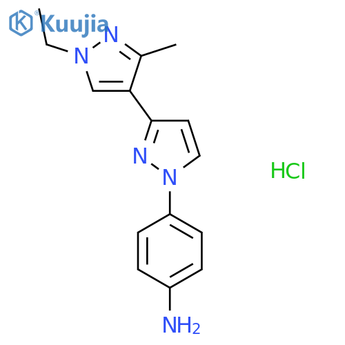 4-[3-(1-Ethyl-3-methylpyrazol-4-yl)pyrazol-1-yl]aniline;hydrochloride structure