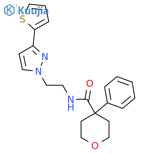 4-phenyl-N-{2-3-(thiophen-2-yl)-1H-pyrazol-1-ylethyl}oxane-4-carboxamide structure