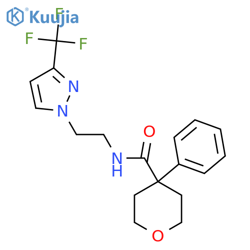 4-phenyl-N-{2-3-(trifluoromethyl)-1H-pyrazol-1-ylethyl}oxane-4-carboxamide structure