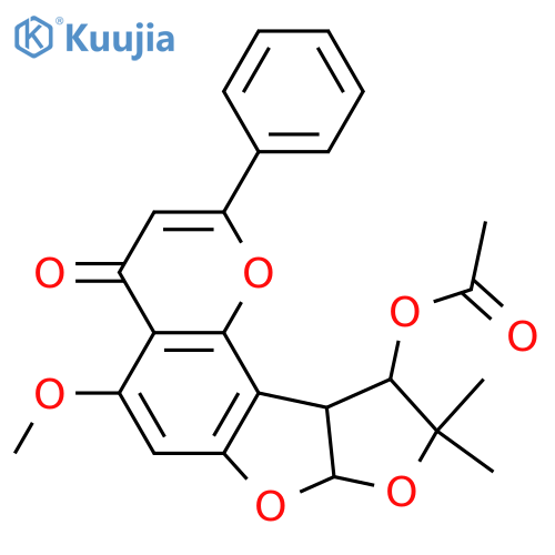 4H-Furo[3',2':4,5]furo[2,3-h]-1-benzopyran-4-one, 10-(acetyloxy)-7a,9,10,10a-tetrahydro-5-methoxy-9,9-dimethyl-2-phenyl-, (7aR,10S,10aS)-rel-(-)- (9CI) structure