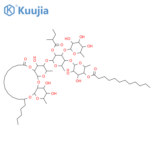 Hexadecanoic acid,11-[[O-6-deoxy-a-L-mannopyranosyl-(1&reg;3)-O-[6-deoxy-4-O-(1-oxododecyl)-a-L-mannopyranosyl-(1&reg;4)]-O-(S)-6-deoxy-2-O-(2-methyl-1-oxobutyl)-a-L-mannopyranosyl-(1&reg;4)-O-6-deoxy-a-L-mannopyranosyl-(1&reg;2)-6-deoxy-b-D-galactopyranosyl]oxy]-,intramol. 1,2''-ester, (11S)- (9CI) structure