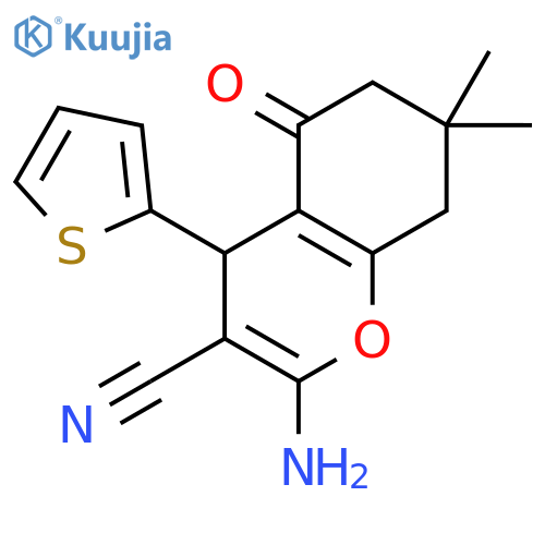 2-amino-7,7-dimethyl-5-oxo-4-(thiophen-2-yl)-5,6,7,8-tetrahydro-4H-chromene-3-carbonitrile structure