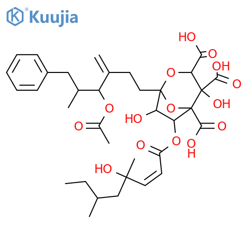 L-erythro-L-glycero-D-altro-7-Trideculo-7,4-furanosonic acid, 2,7-anhydro-3,4-di-C-carboxy-8,9,10,12,13-pentadeoxy-10-methylene-12-(phenylmethyl)-, 11-acetate 5-[(2E)-4-hydroxy-4,6-dimethyl-2-octenoate], (7S)- (9CI) structure