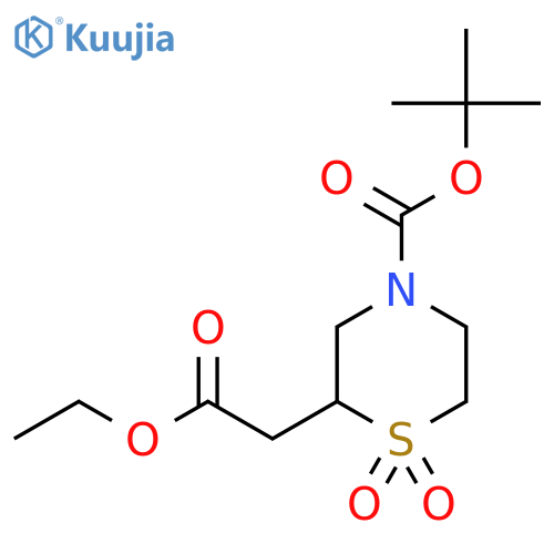 Tert-butyl 2-(2-ethoxy-2-oxoethyl)thiomorpholine-4-carboxylate 1,1-dioxide structure