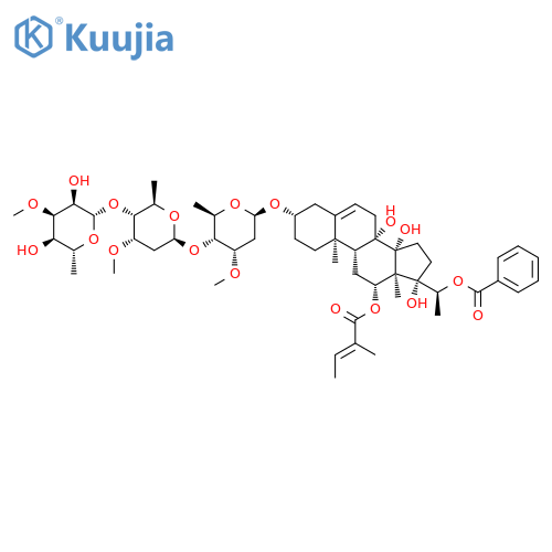 Pregn-5-ene-8,12,14,17,20-pentol, 3-[(O-6-deoxy-3-O-methyl-β-D-allopyranosyl-(1→4)-O-2,6-dideoxy-3-O-methyl-β-D-ribo-hexopyranosyl-(1→4)-2,6-dideoxy-3-O-methyl-β-D-ribo-hexopyranosyl)oxy]-, 20-benzoate 12-[(2Z)-2-methyl-2-butenoate], (3β,12β,14β,17α,20S)- (9CI) structure