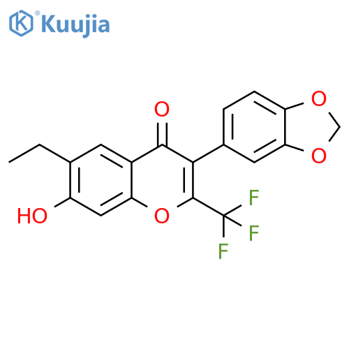 3-(2H-1,3-benzodioxol-5-yl)-6-ethyl-7-hydroxy-2-(trifluoromethyl)-4H-chromen-4-one structure