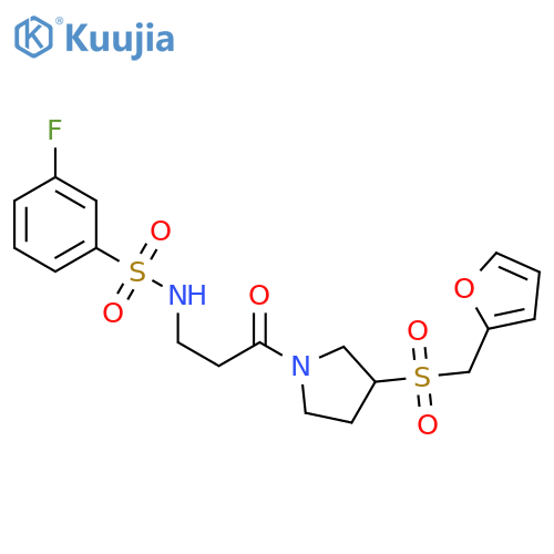 3-fluoro-N-(3-{3-[(furan-2-yl)methanesulfonyl]pyrrolidin-1-yl}-3-oxopropyl)benzene-1-sulfonamide structure