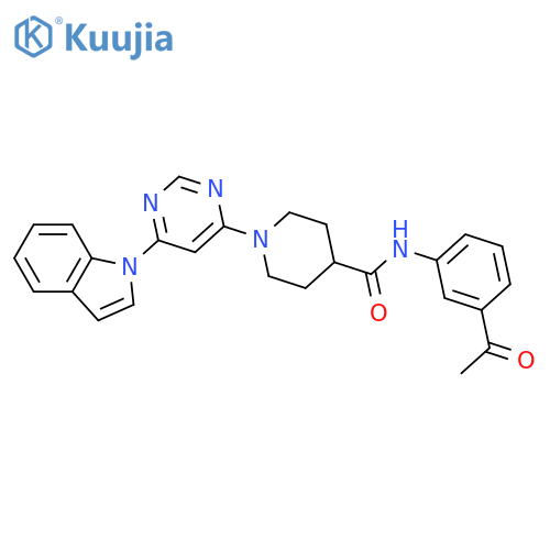 N-(3-acetylphenyl)-1-(6-indol-1-ylpyrimidin-4-yl)piperidine-4-carboxamide structure