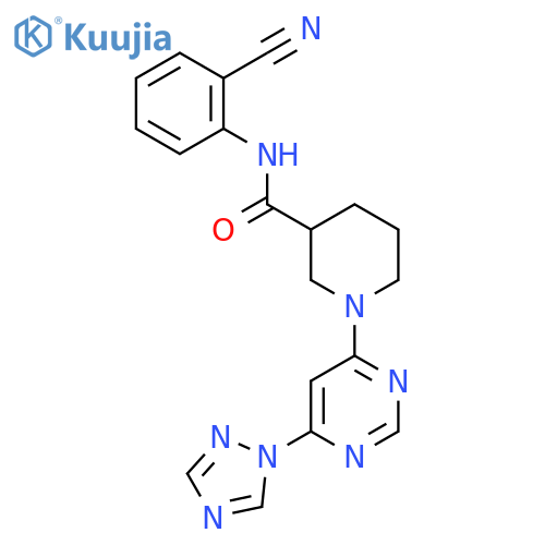 1-(6-(1H-1,2,4-triazol-1-yl)pyrimidin-4-yl)-N-(2-cyanophenyl)piperidine-3-carboxamide structure