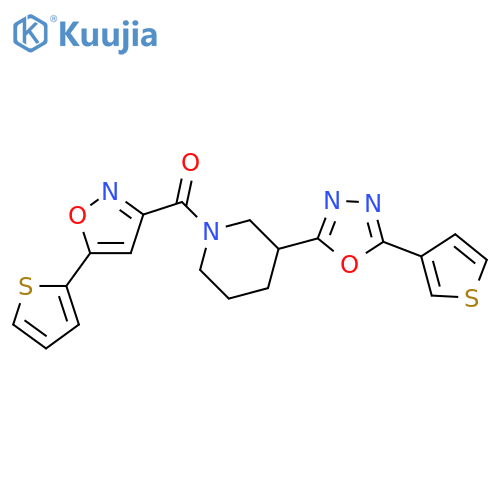 1-[5-(thiophen-2-yl)-1,2-oxazole-3-carbonyl]-3-[5-(thiophen-3-yl)-1,3,4-oxadiazol-2-yl]piperidine structure