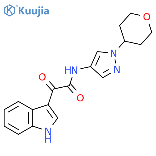 2-(1H-indol-3-yl)-2-oxo-N-(1-(tetrahydro-2H-pyran-4-yl)-1H-pyrazol-4-yl)acetamide structure