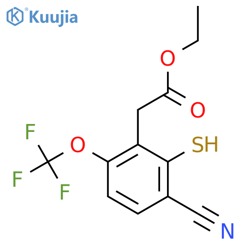 Ethyl 3-cyano-2-mercapto-6-(trifluoromethoxy)phenylacetate structure