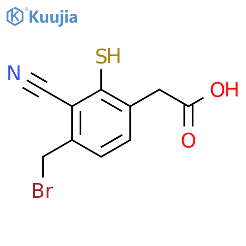 4-Bromomethyl-3-cyano-2-mercaptophenylacetic acid structure