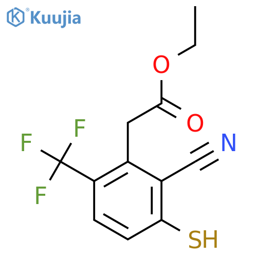 Ethyl 2-cyano-3-mercapto-6-(trifluoromethyl)phenylacetate structure
