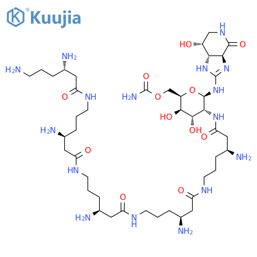 [(2R,3R,4S,5R,6R)-6-[[(3aS,7R,7aS)-7-hydroxy-4-oxo-1,3a,5,6,7,7a-hexahydroimidazo[4,5-c]pyridin-2-yl]amino]-5-[[(3S)-3-amino-6-[[(3S)-3-amino-6-[[(3S)-3-amino-6-[[(3S)-3-amino-6-[[(3S)-3,6-diaminohexanoyl]amino]hexanoyl]amino]hexanoyl]amino]hexanoyl]amino]hexanoyl]amino]-3,4-dihydroxyoxan-2-yl]methyl carbamate structure