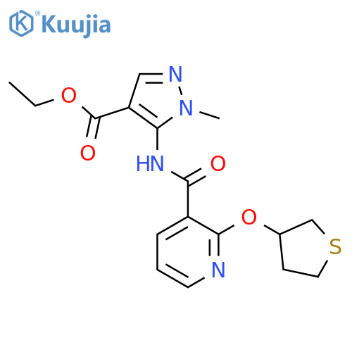 ethyl 1-methyl-5-(2-((tetrahydrothiophen-3-yl)oxy)nicotinamido)-1H-pyrazole-4-carboxylate structure
