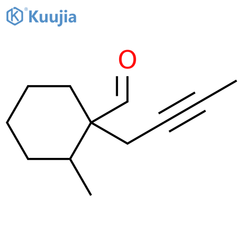 1-(but-2-yn-1-yl)-2-methylcyclohexane-1-carbaldehyde structure