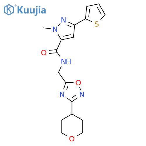 1-methyl-N-{3-(oxan-4-yl)-1,2,4-oxadiazol-5-ylmethyl}-3-(thiophen-2-yl)-1H-pyrazole-5-carboxamide structure