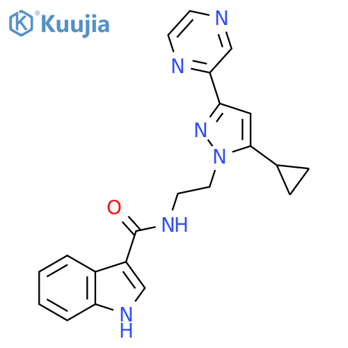 N-{2-5-cyclopropyl-3-(pyrazin-2-yl)-1H-pyrazol-1-ylethyl}-1H-indole-3-carboxamide structure