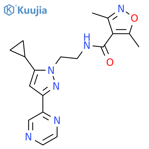 N-{2-5-cyclopropyl-3-(pyrazin-2-yl)-1H-pyrazol-1-ylethyl}-3,5-dimethyl-1,2-oxazole-4-carboxamide structure