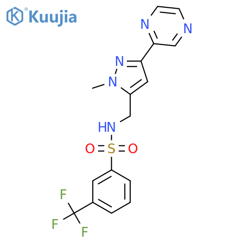 N-{1-methyl-3-(pyrazin-2-yl)-1H-pyrazol-5-ylmethyl}-3-(trifluoromethyl)benzene-1-sulfonamide structure