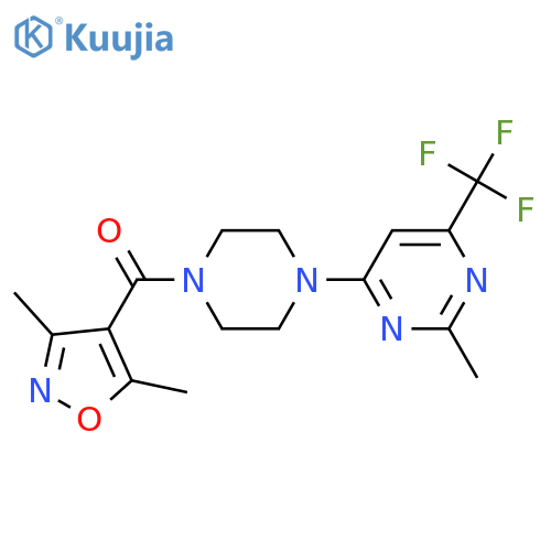 4-4-(3,5-dimethyl-1,2-oxazole-4-carbonyl)piperazin-1-yl-2-methyl-6-(trifluoromethyl)pyrimidine structure
