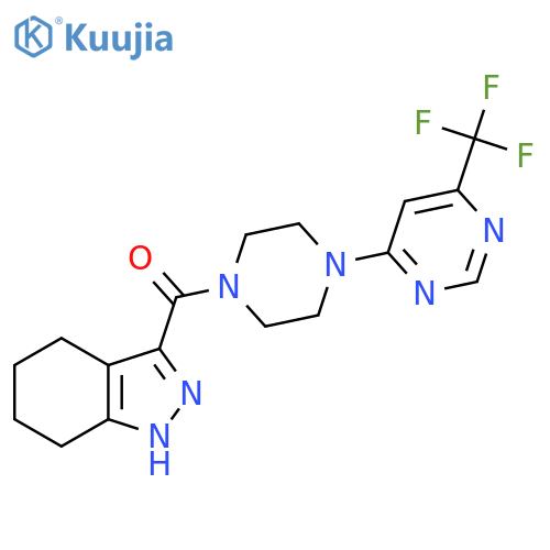 3-{4-6-(trifluoromethyl)pyrimidin-4-ylpiperazine-1-carbonyl}-4,5,6,7-tetrahydro-1H-indazole structure