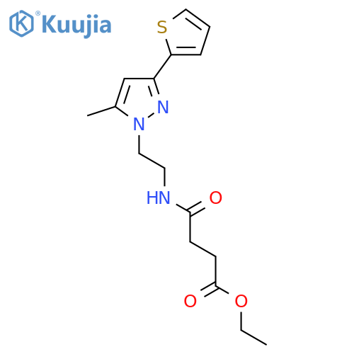 ethyl 3-({2-[5-methyl-3-(thiophen-2-yl)-1H-pyrazol-1-yl]ethyl}carbamoyl)propanoate structure