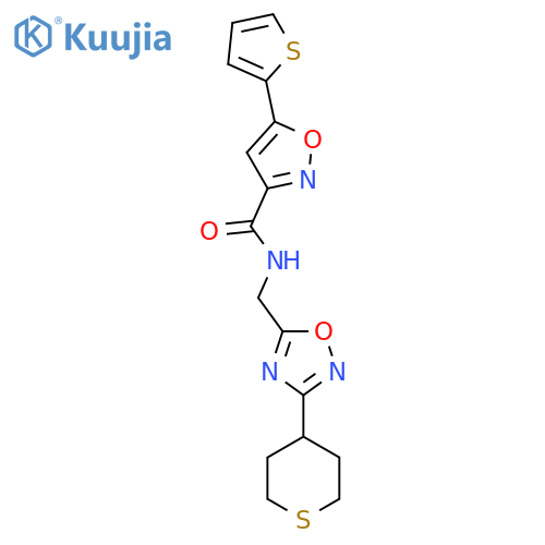 N-{3-(thian-4-yl)-1,2,4-oxadiazol-5-ylmethyl}-5-(thiophen-2-yl)-1,2-oxazole-3-carboxamide structure