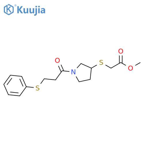 methyl 2-({1-3-(phenylsulfanyl)propanoylpyrrolidin-3-yl}sulfanyl)acetate structure