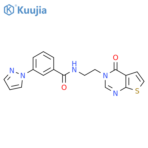 N-(2-{4-oxo-3H,4H-thieno[2,3-d]pyrimidin-3-yl}ethyl)-3-(1H-pyrazol-1-yl)benzamide structure