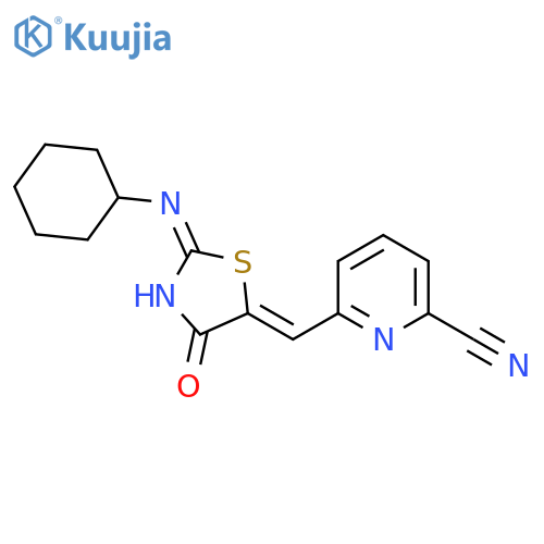 6-{[2-(Cyclohexylamino)-4-oxo-4,5-dihydro-1,3-thiazol-5-ylidene]methyl}pyridine-2-carbonitrile structure