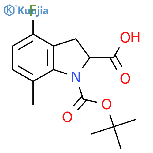 1-[(tert-butoxy)carbonyl]-4-fluoro-7-methyl-2,3-dihydro-1H-indole-2-carboxylic acid structure