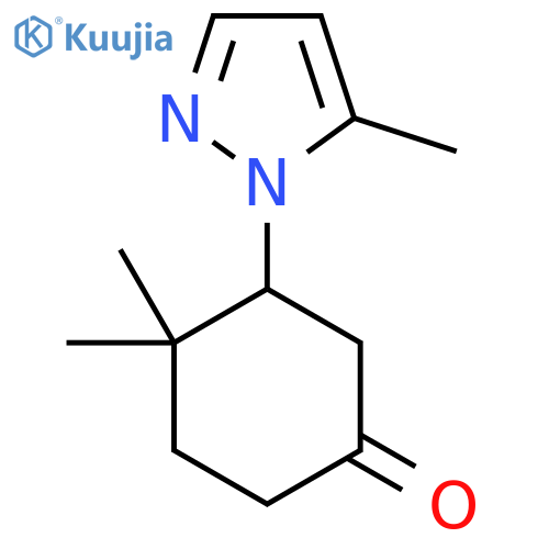 4,4-dimethyl-3-(5-methyl-1H-pyrazol-1-yl)cyclohexan-1-one structure