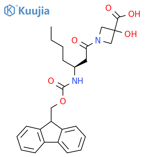 1-(3S)-3-({(9H-fluoren-9-yl)methoxycarbonyl}amino)heptanoyl-3-hydroxyazetidine-3-carboxylic acid structure