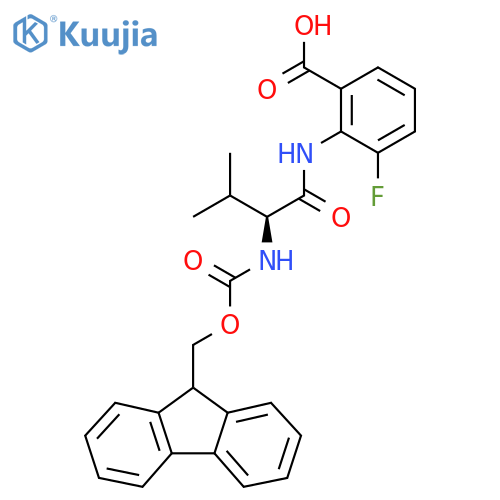 2-(2S)-2-({(9H-fluoren-9-yl)methoxycarbonyl}amino)-3-methylbutanamido-3-fluorobenzoic acid structure