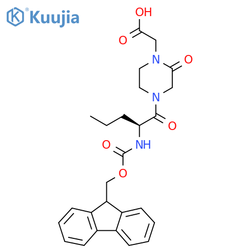 2-{4-(2S)-2-({(9H-fluoren-9-yl)methoxycarbonyl}amino)pentanoyl-2-oxopiperazin-1-yl}acetic acid structure
