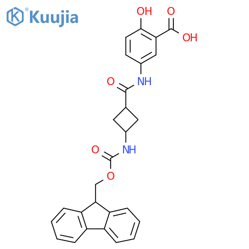 2-hydroxy-5-(1r,3r)-3-({(9H-fluoren-9-yl)methoxycarbonyl}amino)cyclobutaneamidobenzoic acid structure