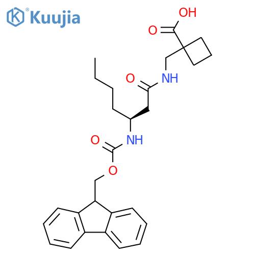 1-{(3S)-3-({(9H-fluoren-9-yl)methoxycarbonyl}amino)heptanamidomethyl}cyclobutane-1-carboxylic acid structure