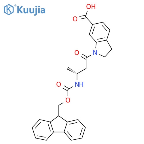 1-(3R)-3-({(9H-fluoren-9-yl)methoxycarbonyl}amino)butanoyl-2,3-dihydro-1H-indole-6-carboxylic acid structure
