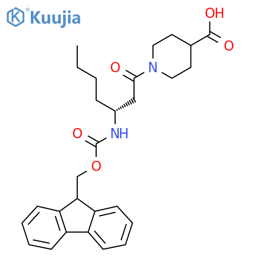 1-(3R)-3-({(9H-fluoren-9-yl)methoxycarbonyl}amino)heptanoylpiperidine-4-carboxylic acid structure