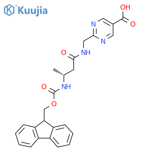 2-{(3R)-3-({(9H-fluoren-9-yl)methoxycarbonyl}amino)butanamidomethyl}pyrimidine-5-carboxylic acid structure