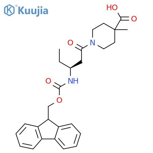 1-(3S)-3-({(9H-fluoren-9-yl)methoxycarbonyl}amino)pentanoyl-4-methylpiperidine-4-carboxylic acid structure
