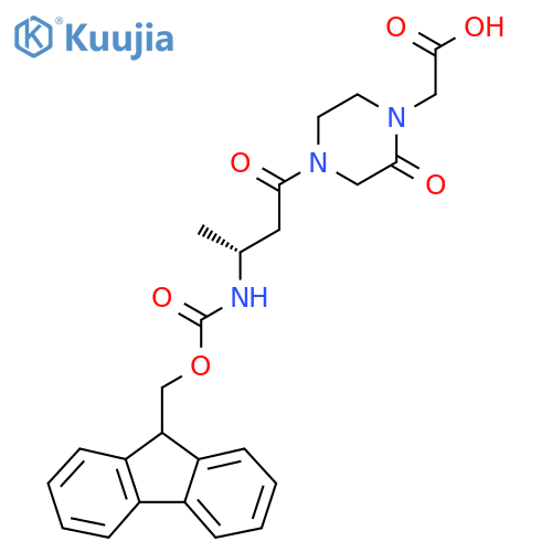 2-{4-(3R)-3-({(9H-fluoren-9-yl)methoxycarbonyl}amino)butanoyl-2-oxopiperazin-1-yl}acetic acid structure