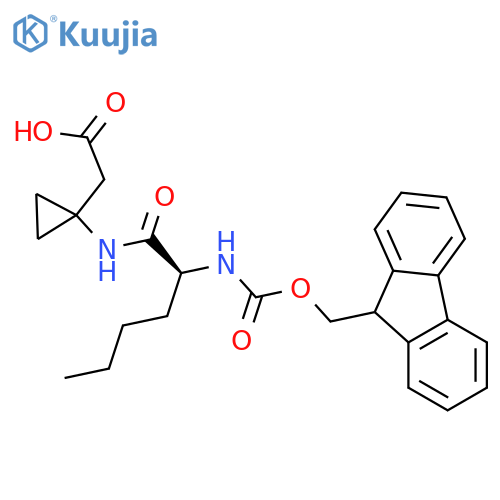 2-{1-(2S)-2-({(9H-fluoren-9-yl)methoxycarbonyl}amino)hexanamidocyclopropyl}acetic acid structure